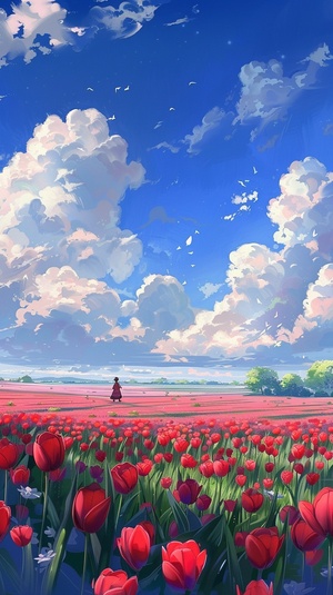 Miyazaki Hayao animation style, ten miles tulip flower sea, romantic