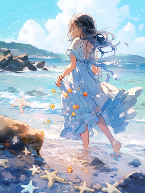 一个女孩穿着裙子站在蓝蓝的海水边玩耍，有海星贝壳，河水冲打着