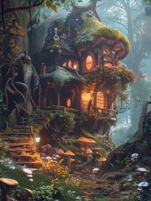 森林精灵居所(符咒语)#和大自然亲密接触咒语：Fairy house, cheerful whimsical feeling, cozy, surrounded by flowers and mushrooms, photorealistic, digital concept, key visual for Studio Ghibli, architecture by Alphonse Mucha, intricate details, natural light, ar 3:4 v 5.2#midjourney #AI绘画#头像设计 #AI关键词 #mj #咒语 #治愈系 #一日一画 #一起画画