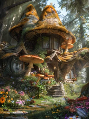 森林精灵居所(符咒语)#和大自然亲密接触咒语：Fairy house, cheerful whimsical feeling, cozy, surrounded by flowers and mushrooms, photorealistic, digital concept, key visual for Studio Ghibli, architecture by Alphonse Mucha, intricate details, natural light, ar 3:4 v 5.2#midjourney #AI绘画#头像设计 #AI关键词 #mj #咒语 #治愈系 #一日一画 #一起画画