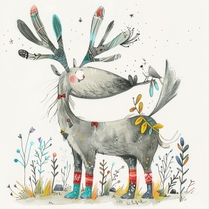 A whimsical animal character with large antlers, wearing colorful socks and holding an oversized bird in its mouth in the style of Quentin Blake. The background is white, with simple elements of nature around the creature. It has detailed fur patterns on its grey body with black spots, giving it depth. Children's book illustration style.