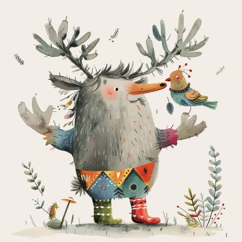 A whimsical animal character with large antlers, wearing colorful socks and holding an oversized bird in its mouth in the style of Quentin Blake. The background is white, with simple elements of nature around the creature. It has detailed fur patterns on its grey body with black spots, giving it depth. Children's book illustration style.