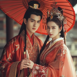一个像杨洋的中国古代帅气年轻的将军和一个美丽的古代女子，穿传统喜服成婚，真人