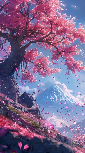 Miyazaki Hayao animation style, ten miles of cherry blossoms in full bloom, fantasy, sparkling