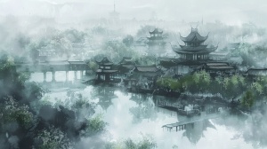 江南春天，江南的多个亭台楼阁矗立在朦胧的烟雨之中，中国水墨画风格，鸟瞰视角
