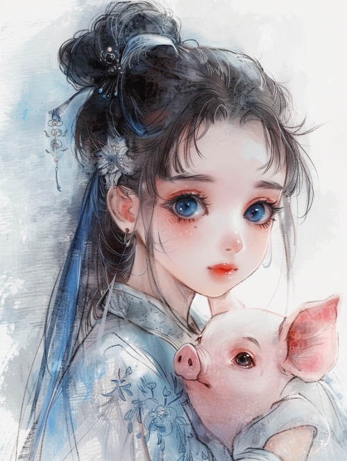 一个可爱的中国女孩,黑发蓝眼,抱着她的猪宝宝,穿着白色汉服,精致的五官。画面风格为水彩画、水墨画和卡通,高分辨率,色彩丰富的背景,简洁的线条,水彩画,水墨洗,以及高分辨率的细节。