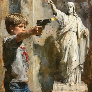 一个男孩对耶稣雕像前开枪的油画
