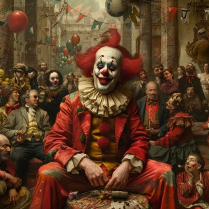 一个小丑周围有很多有钱人的油画