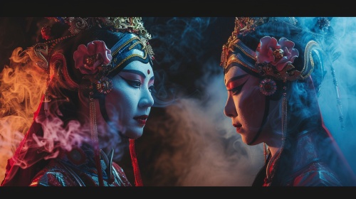 两位中国昆曲演员在一个舞台上交流，他们的脸在灯光下显得神秘，眼神中充满了情感的交流。舞台上有烟雾