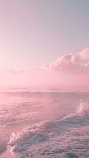 渐变的粉色天空，于海面连为一体，以模糊，梦幻般的氛围