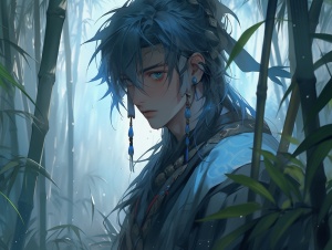 少年侠客，蓝色头发，在竹林深处