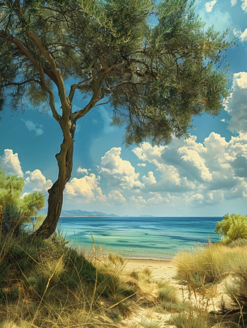 天空美，沙滩，海洋，橄榄树
