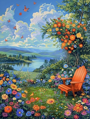 缤纷的鲜花绽放在青翠的绿草地上，阳光洒在橙黄色的椅子上，微风轻拂着藤蔓缠绕的花架。远处一片湖泊波光粼粼，倒映着蓝天和片片浮云。美丽的鸟儿欢快地歌唱着，填满了整个空气。