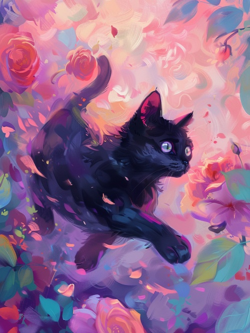 A cute black cat running through roses, with pink and purple pastel colors in the style of Harriet LeeMerrion's digital painting style with large brush strokes and a colorful, minimalistic background with small leaves. An abstract oil painting, a cute wallpaper for a phone screen with a flat perspective. ar 21:40 v 6.0#画画的日常 #midjourney咒语 #Midjourney咒语 #midjourney #midjourney学习 #midjourney关键词 #mj #mj咒语 #mj关键词 #小红署 #艺术署
