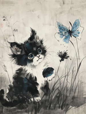 A black and white cat with big eyes is playing on the grass, next to it stands an elegant blue butterfly in the style of Chinese style illustration. The background color of light gray has ink strokes, high definition details, and ink painting artistry. It features an extremely delicate composition, cute pet illustrations, and a hand drawn cartoon design. High resolution. A very detailed painting in the style of oil painting. ar 3:4#每日分享 #midjourney关键词 #猫猫 #水墨画 #水墨蝴蝶