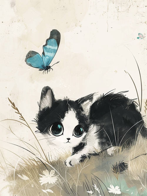 A black and white cat with big eyes is playing on the grass, next to it stands an elegant blue butterfly in the style of Chinese style illustration. The background color of light gray has ink strokes, high definition details, and ink painting artistry. It features an extremely delicate composition, cute pet illustrations, and a hand drawn cartoon design. High resolution. A very detailed painting in the style of oil painting. ar 3:4#每日分享 #midjourney关键词 #猫猫 #水墨画 #水墨蝴蝶