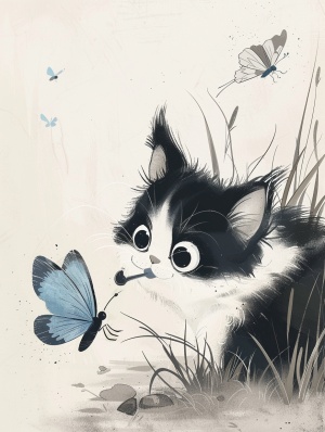 A black and white cat with big eyes is playing on the grass, next to it stands an elegant blue butterfly in the style of Chinese style illustration. The background color of light gray has ink strokes, high definition details, and ink painting artistry. It features an extremely delicate composition, cute pet illustrations, and a hand drawn cartoon design. High resolution. A very detailed painting in the style of oil painting. ar 3:4#每日分享 #midjourney关键词 #猫猫 #水墨画 #水墨蝴蝶