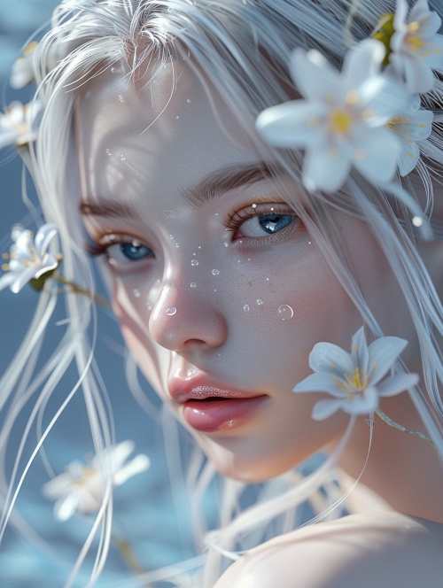 美女特写，银色头发，白色花发饰，阳光洒在脸上，3D高清，白色小花，背景蓝色，浅蓝色，线条清晰，美轮美奂