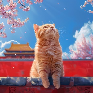 一只胖猫,坐在红色城墙上,背景是故宫,满头樱花,蔚蓝天空,春天正午阳光, 透明, 精致,仰视,