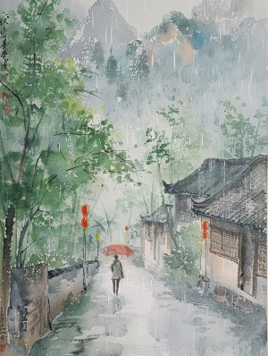中国画风，中国风，清明时节雨纷纷，路上行人欲断魂，细细的小雨打湿了翠绿的垂柳，村庄外的小路显得那么荒凉，一个人独自走在路上，伤心难过，绿色为背景，朦胧感，孤独感，弥漫，大场景，真实场景，伤感气氛，