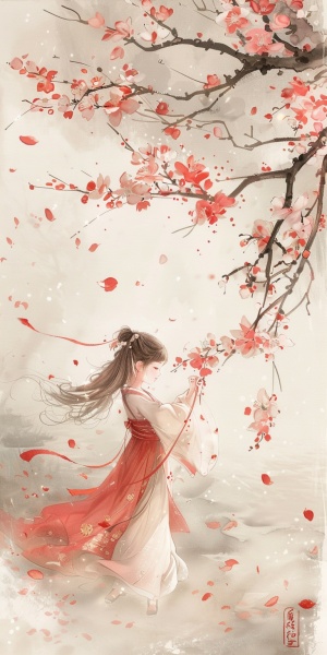 春天到了，花朵盛放，微风中，一个穿汉服的小女孩在花丛中赏花