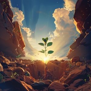 An illustration of a seedling breaking through the soil, reaching towards the sunlight, depicting the idea of growth, patience, and persistence in pursuit of one's dreams., unreal engine, greg rutkowski, loish, rhads, beeple, makoto shinkai and lois van baarle, ilya kuvshinov, rossdraws, tom bagshaw, alphonse mucha, global illumination, detailed and intricate environment