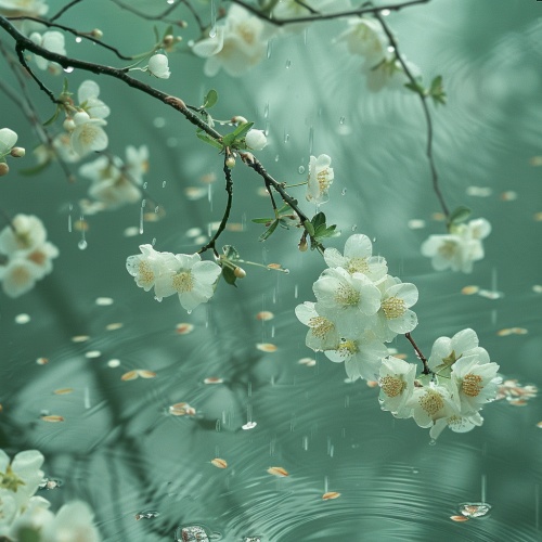 清明时节，满目青绿，绵绵细雨打湿了梨花，沉沉欲坠，有一些花瓣飘落在一江碧水中，摄影实拍的感觉