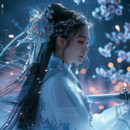 一个中国古代女生，穿白色汉服，古代发型，细节多，青色的长发，侧脸，微笑，夜晚，发光萤火虫，粉色樱花背景，超高清，仙侠风，手中拿着剑，电影质感，超高清，写实