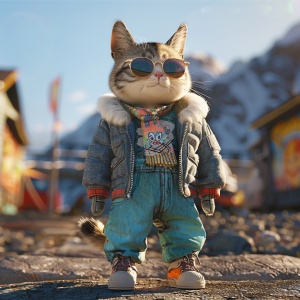 photo-realistic, full-body portrait in panoramic scene,A cat doll for an3-year-old baby character, Cat face,wearing lovely sunglasses,lovely down jacket,lovely Shark pants, lovely shoes, cinematic lighting, rendered in a masterful art style