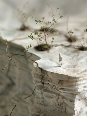 立体堆砌，浅石青，植物肌理，小人物，大师级摄影构图，毛玻璃，浪漫意境，32k，高质量，大师作品，盐田千春，大江子，by Chiharu Shiota，by akos majo，移轴摄影，微缩景观，立体纸雕，叠拼，便条纸，缩微空间，3D立体折纸，光纤雕塑，微观，