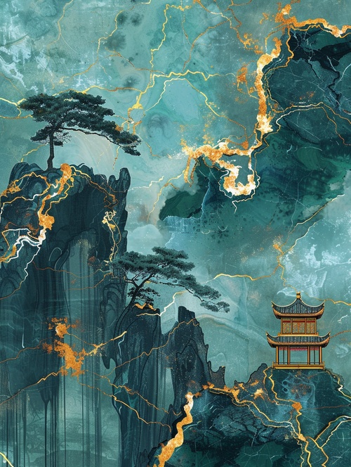 chinese fantasy landscape, kintsugi, golden - blue - green mountain with pavilions and trees , gilding , flowing liquid gold, made of Jade, gold, amazonite, labradorite, turquenite, malachite and zoisite mineral marble texture, wallpaper chaos 10 ar 2:3 stylize 250 v 6.0 style raw#人工智能艺术 #我和AI有话说 #生成艺术 #AI生成 #文创设计 #文创 #灵感设计 #灵感 #每日艺术分享 #设计 #mj关键词 #midjourney #midjourney关键词 #midjourney学习 #ai绘画 #ai