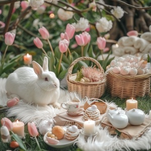 A white little rabbit lying on the grass, next to it is an exquisite wooden tea table with pink tulips in flower pots and pastel colored baskets for carrying food. On top of that there are also some beautiful candles and other decorations, in the style of pastel. ar 9:16