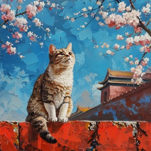 一只胖猫,坐在红色城墙上,背景是故宫,满头樱花,蔚蓝天空,春天正午阳光, 透明, 精致,仰视,