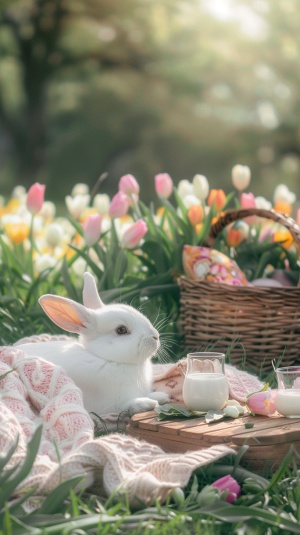 A white little rabbit is lying on the grass, next to it there is an exquisite pink tulip basket with tulips inside and some pastel colored blankets around it. A wooden picnic table stands in front of him, holding two delicate glasses filled with sweet tea. The background features green meadows and blooming flowers in the style of a pastoral scene. ar 9:16