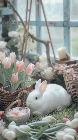 A white little rabbit lying on the grass, next to it is an exquisite wooden tea table with pink tulips in flower pots and pastel colored baskets for carrying food. On top of that there are also some beautiful candles and other decorations, in the style of pastel. ar 9:16