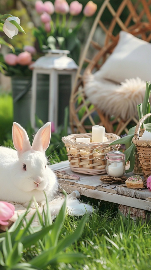 A white little rabbit lying on the grass, next to it is an exquisite wooden tea table with pink tulips in flower pots and pastel colored baskets for carrying food. On top of that there are also some beautiful candles and other decorations, in the style of pastel. ar 9:16