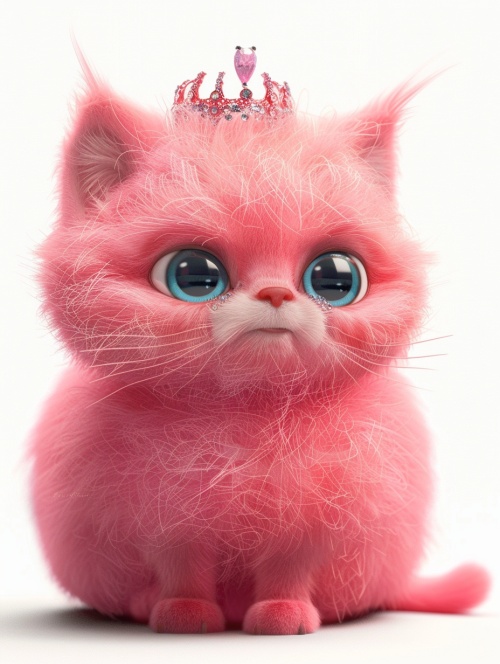 可爱的粉色喵软萌的喵，犹如一抹阳光，照亮你的心灵深处，岁月静好，只因有喵。咒语：A cute cat with pink fur, round body, shiny lake blue eyes, small diamond crown, white background, details, surrealism, Pixar style, high-definition 8k ar 3:4 niji 6关键词：皮克斯风格，超现实#AIGC插画 #midjourney咒语 #midjourney #壁纸 #猫 #粉嫩少女心