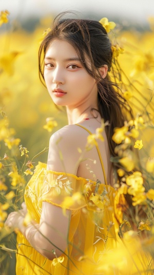 Chinese beauty, full body photo, wearing a yellow dress made of rapeseed flowers in the countryside of southern China, with exquisite facial features and long hair, in a romantic atmosphere, in a beautiful environment, with a perfect composition, with exquisite details, in the style of super high definition photography, with super realistic skin texture, with super detailed facial expressions, with super detailed , super clear, super delicate. ar 19:32