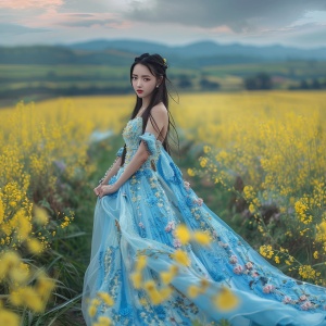 Chinese beauty, full body photo, wearing a blue dress made of rapeseed flowers in the countryside of southern China, with exquisite facial features and long hair, in a romantic atmosphere, in a beautiful environment, with a perfect composition, with exquisite details, in the style of super high definition photography, with super realistic skin texture, with super detailed facial expressions, with super detailed , super clear, super delicate. ar 19:32