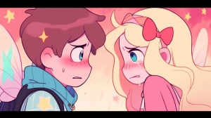 一个金发女孩和男孩以《星蝶公主》的风格。Star看起来忧心忡忡,因为PTrump的手放在她的脸颊上。他们的头发上都有粉色的蝴蝶结,这是动画卡通风格。