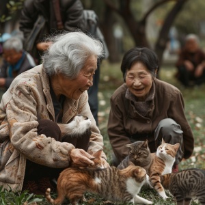 一位老奶奶和老爷爷在公园里牵着猫猫狗狗开心的玩耍，超真实感