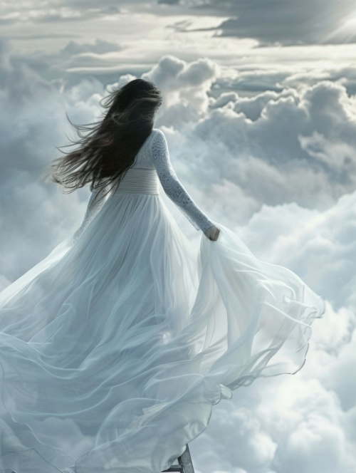 一名白衣汉服女子。长发披散，走在通往天堂的阶梯之云的玄梯上。
