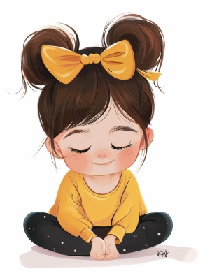 Cartoon cute little girl with hair up, happy expression, pajamas, white background, flat style. Adorable artwork illustration of a baby in a sleeping pose in the style of kawaii art. The artwork features detailed facial expressions and is created using digital painting techniques. It has a cute bow on her head, and she wears a yellow shirt and black pants. Her eyes have exaggeratedly large pupils, adding to the overall cheerful atmosphere.