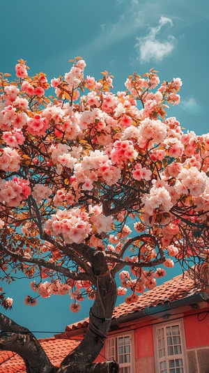 A large tree full of pink and white flowers, the leaves on it are like cotton candy, standing in front of an old building with red tiles, blue sky background, captured in the style of canon eos r5. ar 99:128