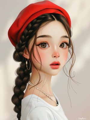 一个可爱的中国女孩,梳着辫子,戴着红色贝雷帽和白色衬衫,以zbrush风格呈现,具有闪亮光泽的、迷人的角色插图和超现实流行风格的清晰轮廓。