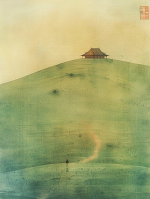 Fu Baoshi and george tooker art style, Farmers and rice fields, Palace, Chinese palace in Song Dynasty, Japanese roof, Watercolor paper texture, The ink blotted out, minimalist outlines, Light green and Light blue, zen, Depictedin The Song Dynastystyle(960-1279), minimalism