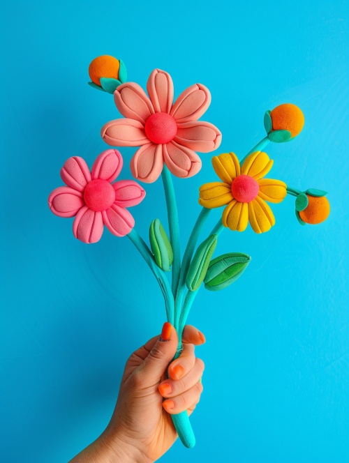 A hand holding three flowers made of plasticine in simple shapes against a blue background in the style of a 3D illustration with a cartoon character design reminiscent of Pixar animation . The simple composition is colorful with high saturation and bright colors creating a vibrant atmosphere . The flowers have pink petals with yellow edges . They all have green stems with round orange ball - shaped buds at their base . A large flower has an open red circle in its center that looks like it is about to bloom