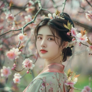 春天的公园，大片五颜六色的花朵，一个少女身穿马面裙，在开满桃花的树林里转圈，精致妆容，18k高清