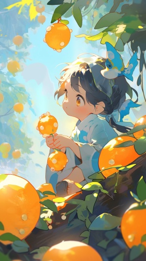 一个小女孩在吃橘子，脸上在笑，蹲地上，周围全是树，天上飞的很多鱼，中国风，跳跃，色彩鲜明，高分辨率,白发,景深,长焦镜头,气氛照明,夏天,室外