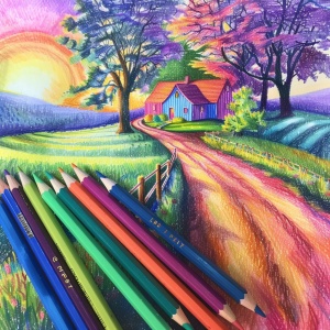 亮彩虹色，铅笔彩绘，炫彩颗粒，炫彩光与影，用低饱和的彩铅笔，勾勒出童趣的线条画风格，人景会呈现扁平几何感，凸显铅笔质感